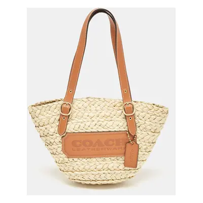 Coach Beige/Brown Raffia and Leather Structured Tote