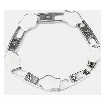 Balenciaga Silver Tone Zip Logo Motif Link Bracelet