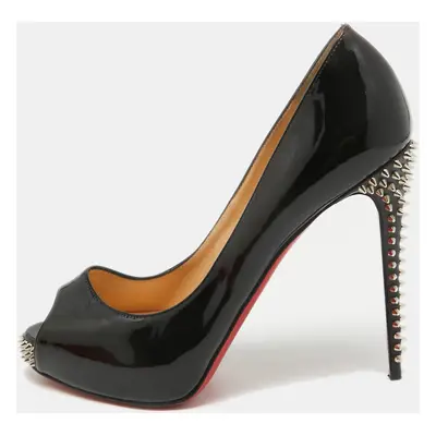 Christian Louboutin Black Patent Leather Spikes Peep Toe Platform Pumps Size 38.5