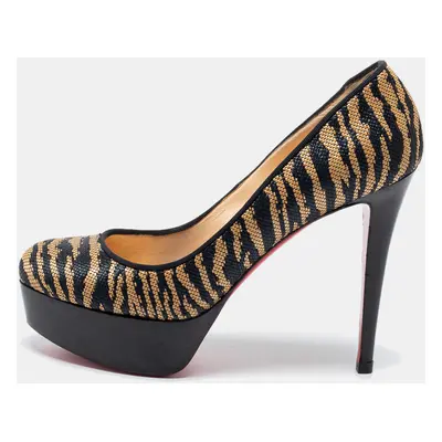 Christian Louboutin Beige/Black Raffia Panama Tiger Weave Bianca Platform Pumps Size