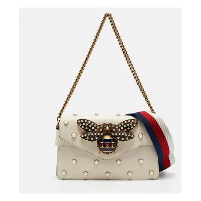 Gucci Off White Leather Mini Pearl Studded Broadway Bee Shoulder Bag