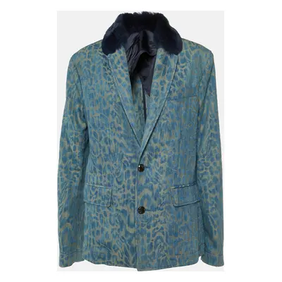 Versace Jeans Blue Leopard Pattern Denim Fur Trim Jacket