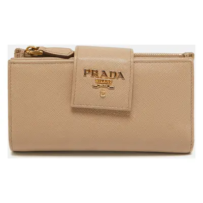 Prada Beige Saffiano Metal Leather Flap French Wallet