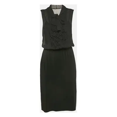 Max Mara Studio Black Silk and Jersey Ruffled Detail Midi Dress