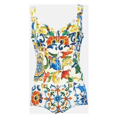 Dolce & Gabbana Multicolor Majolica Print Silk Cotton Bodysuit & Skirt Set