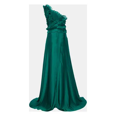 CH Carolina Herrera Green Silk Ruffled One Shoulder Gown