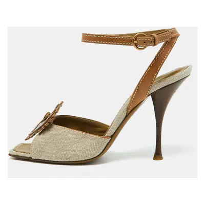 Yves Saint Laurent Beige/Brown Canvas and Leather Ankle Strap Sandals Size 39.5