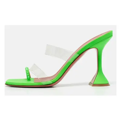 Amina Muaddi Green Leather and PVC lupita Slide Sandals Size