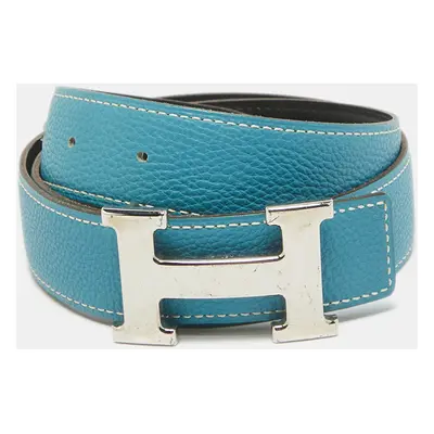 Hermes Bleu Jean/Noir Togo and Chamonix Leather H Buckle Reversible Belt