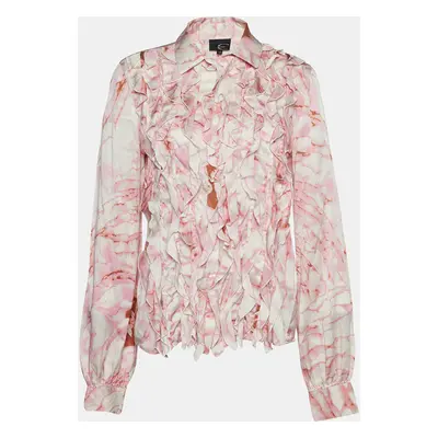 Just Cavalli Pink Printed Satin Silk Ruffle Shirt