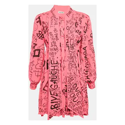 Balenciaga Fluorescent Pink Graffiti Print Chiffon Pleated Mini Dress