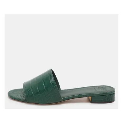 Tory Burch Green Croc Embossed Leather Flat Slides Size