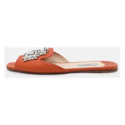 Prada Orange Saffiano Leather Embellished Flat Slides Size