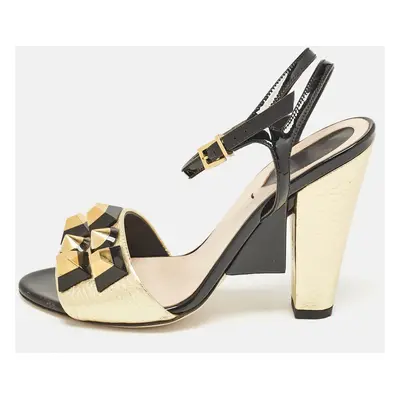 Fendi Gold/Black Leather and Patent Studded Ankle Strap Sandals Size