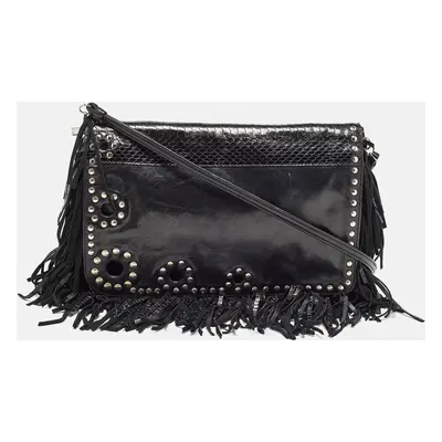 Jimmy Choo Black Snakeskin and Leather Studded Fringe Shoulder Bag