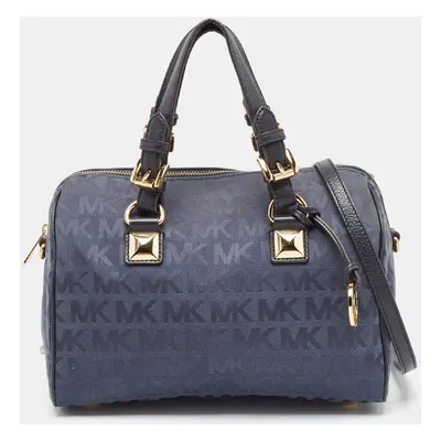 Michael Kors Navy Blue Signature Canvas and Leather Grayson Satchel