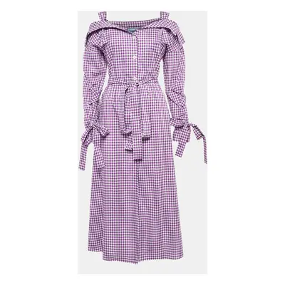 Prada Purple Gingham Cotton Bow Detail Belted Midi Dress