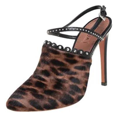 Alaia Brown Leopard Print Calf Hair And Black Studded Leather Slingback Sandals Size