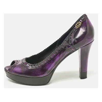 Gucci Purple/Black Leather Brogue Peep Toe Platform Pumps Size 37.5