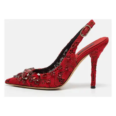 Dolce & Gabbana Red Lace and Mesh Crystal Embellished Slingback Pumps Size