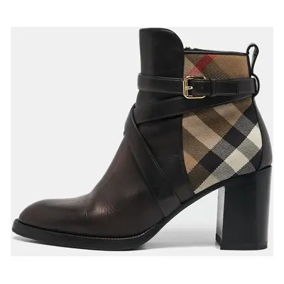 Burberry Black/Beige House Check Canvas and Leather Ankle Length Boots Size