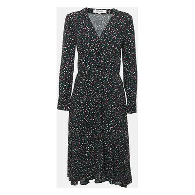 Diane Von Furstenberg Black Dot Print Crepe Button Front Midi Dress