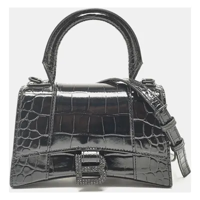 Balenciaga Black Croc Embossed Leather Embellished Hourglass Top Handle Bag