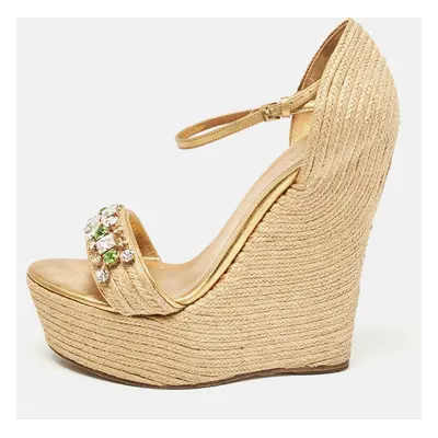 Gucci Beige/Gold Jute and Leather Crystal Embellished Wedge Sandals Size 37.5