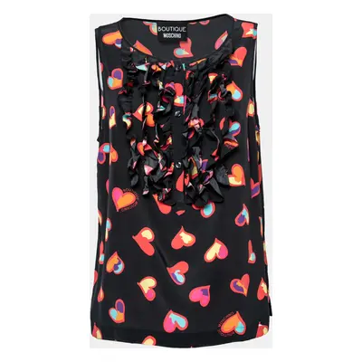 Boutique Moschino Black Heart Print Silk Ruffle Front Top