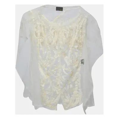 Fendi Cream Patterned Tulle Cape Sleeve Top