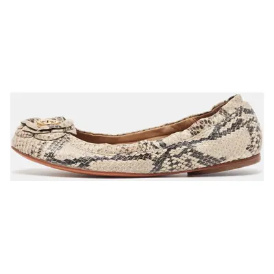 Tory Burch Beige/Black Python Embossed Leather Scrunch Ballet Flats Size