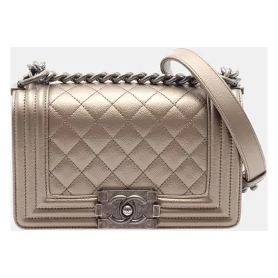 Chanel Gold Leather Grained Calfskin Boy Chanel Small Matelasse Shoulder Bag