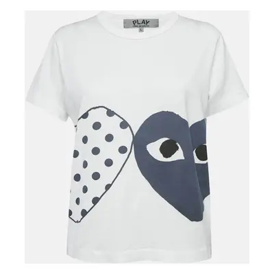 Comme des Garçons Play White Heart Print Cotton Crew Neck T-Shirt