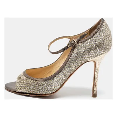 Jimmy Choo Silver/Gold Glitter And Leather Mary Jane Pumps Size 37.5