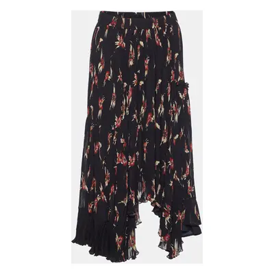 Isabel Marant Black Floral Print Crepe Pleated Midi Skirt