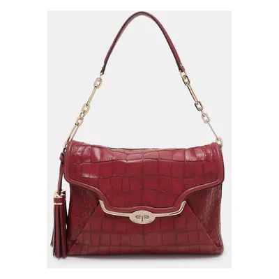 Coach Burgundy Croc Embossed Leather Shoulder Bag