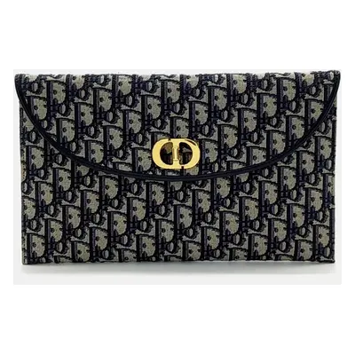 Dior Beige Navy Blue Fabric Oblique Montaign Avenue Flap Pouch Bag