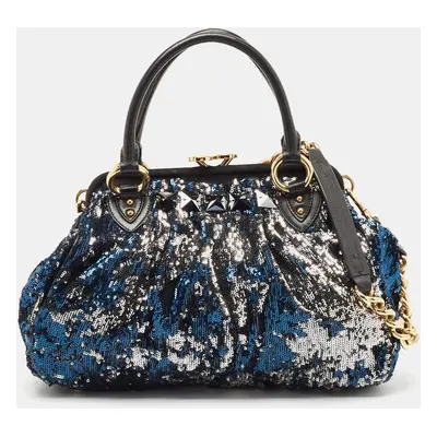 Marc Jacobs Black/Blue Sequin,Suede and Leather New York Rocker Stam Satchel