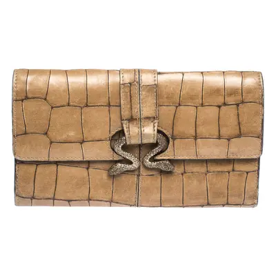 Roberto Cavalli Caramel Brown Crocodile Embossed Leather Double Snake Flap Wallet