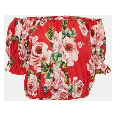 Dolce & Gabbana Red Floral Print Poplin Off-Shoulder Crop Top