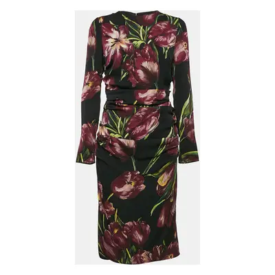 Dolce & Gabbana Black Flowers Print Silk Ruched Midi Dress