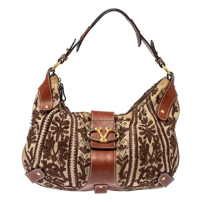 Valentino Beige/Brown Canvas And Leather Embroidered Hobo