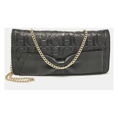 Carolina Herrera Black Monogram Embossed Leather Bow Flap Chain Clutch