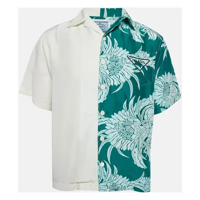 Prada White/Green Floral Print Silk Double Match Bowling Shirt