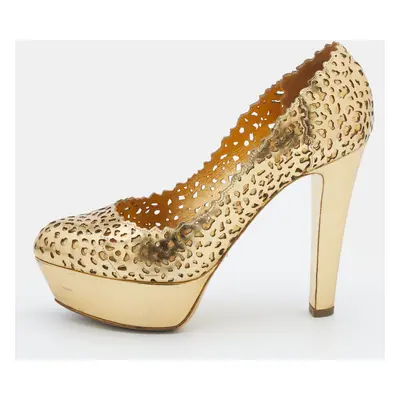 Sergio Rossi Metallic Gold Laser Cut Leather Platform Pumps Size 36.5