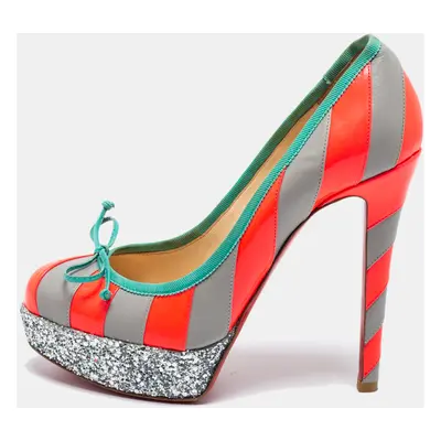 Christian Louboutin Grey/Neon Pink Striped Leather Foraine Glitter Platform Pumps Size 35.5