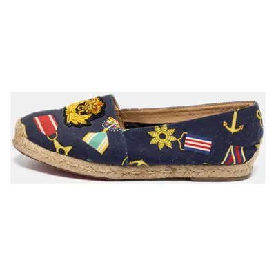 Christian Louboutin Navy Blue Canvas Gala Embroidered Crest Espadrille Loafers Size