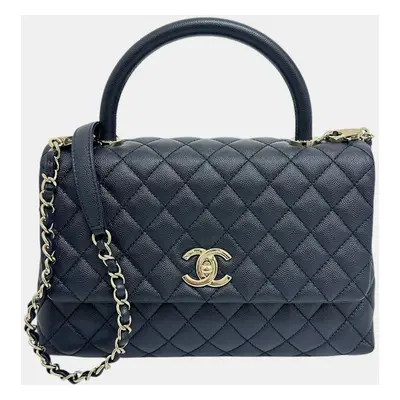 Chanel Navy Blue Leather Caviar Skin Coco Handle Bag