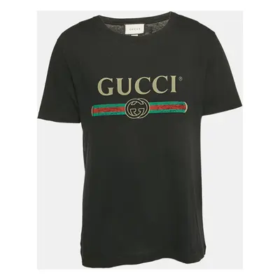 Gucci Black Cotton Vintage Logo Print Jersey Crew Neck T-Shirt