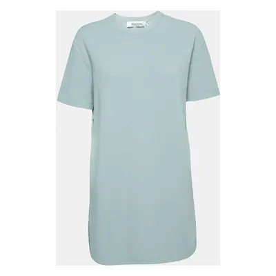 Valentino Powder Blue Knit & Lace Paneled Short Sleeve Dress